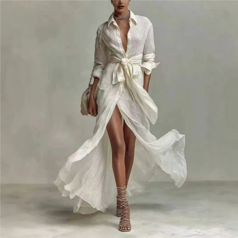 Bohemian Elegant Lace-up High Waist Long Dress Woman New Turn-down Collar Hollow Party Dress Spring Long Sleeve Maxi Dress